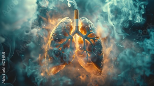 A lungs surrounded by cigarette smoke. Generative AI.