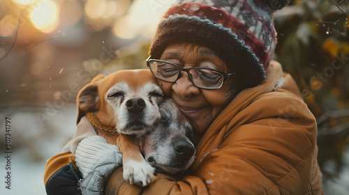 Senior african american woman cuddling her dog in the park. Elderly black grandmother hugging dog at winter. Mature female bonding with pet outside in nature AI