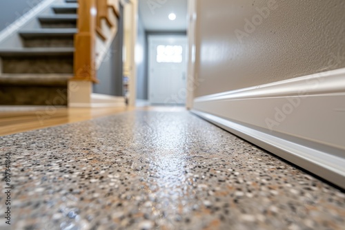 Close-up view of a newly upgraded basement floor with waterproofing, featuring a staircase in the background