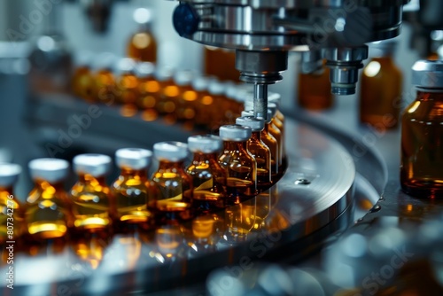Closeup of a pharmaceutical machine on a glass bottle production line, filling vials