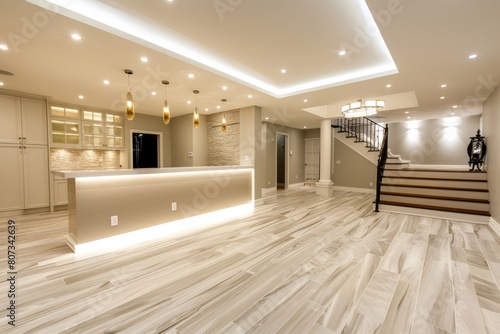 A modern basement renovation featuring a spacious room with a staircase and a white counter
