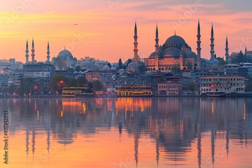 A cityscape with domes and minarets stands across a large body of water, illuminated by the warm light of dawn
