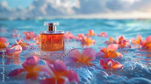 A bottle of perfume is floating on top of a body of water with pink