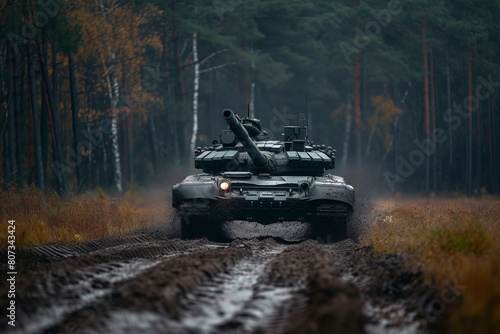 Military Vehicle Driving Down a Muddy Road