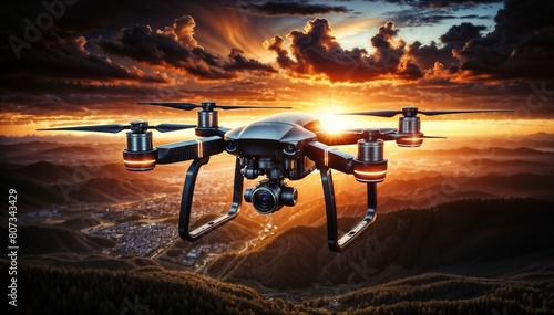 Drone Flying Over Mountainous Terrain at Sunset Capturing Breathtaking Scenery