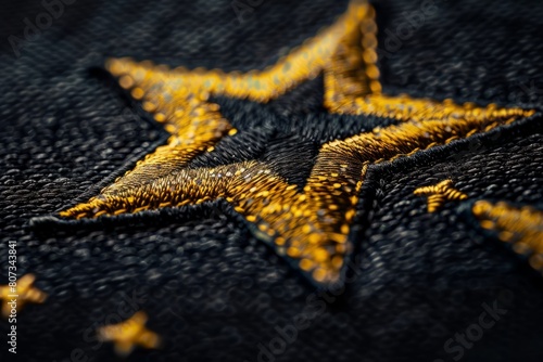 Closeup of a detailed yellow and black star embroidered badge against a dark backdrop, showcasing fine stitching