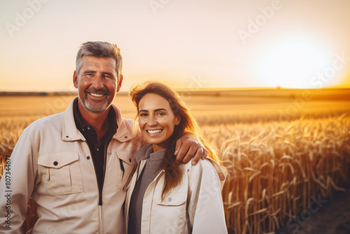Farmers posing over wheat, rye, oats field harvester background, looking at camera working sunset outdoors at farm, man and woman workers cultivating land sowing seeds, collecting harvest seedlings