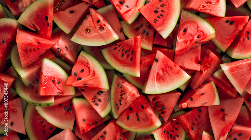 A collage of four close-up images of watermelon slices and halves.