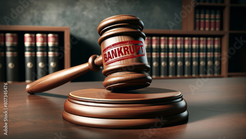 Judge's Gavel with Bold Bankrupt Declaration Stamp