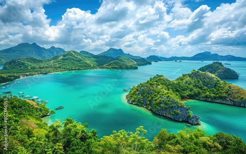 Lush green islands in a tranquil turquoise sea under a bright sky.