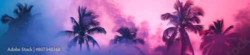 Palm trees silhouettes against smoke neon background. Summer vacation concept. Retrowave, synthwave, vaporwave aesthetics. Retro style, webpunk, retrofuturism. Illustration for design, poster, banner