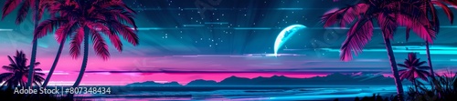 Panoramic tropical beach background. Summer vacation concept. Retrowave, synthwave, vaporwave aesthetics. Retro style, webpunk, retrofuturism. Illustration for design, poster, banner