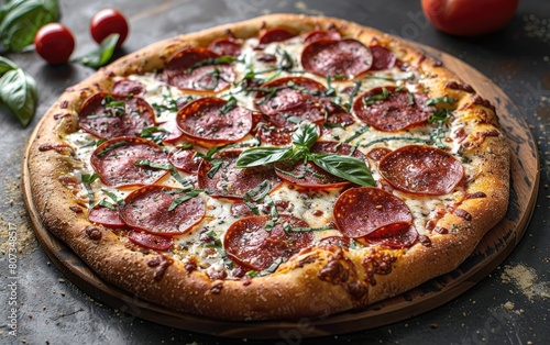 Pepperoni pizza with basil and tomatoes on a dark surface.