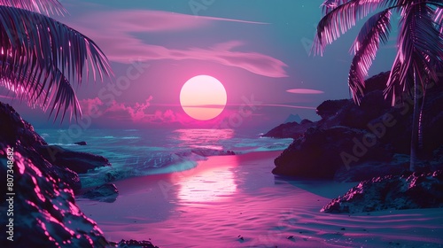 Tropical beach with palm trees background. Summer vacation concept. Retrowave, synthwave, vaporwave aesthetics. Retro style, webpunk, retrofuturism. 3D Illustration for design, poster, wallpaper