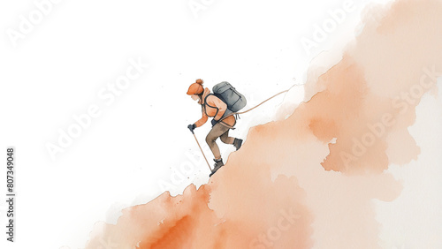 Backpacker climbing on a mountain wall. Illustration drawn in watercolour, concept of adventure, travelling