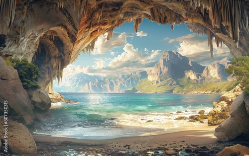 Rugged coastal cave with stalactites overlooking a serene ocean.