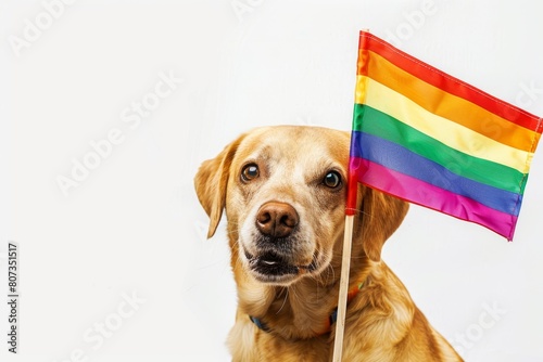 A dog holding the rainbow flag in its mouth against a white background, isolated with margins on all sides Generative AI
