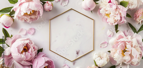 A contemporary hexagonal floral frame adorned blush pink peonies, adding a modern twist to traditional Mother's Day sentiments.
