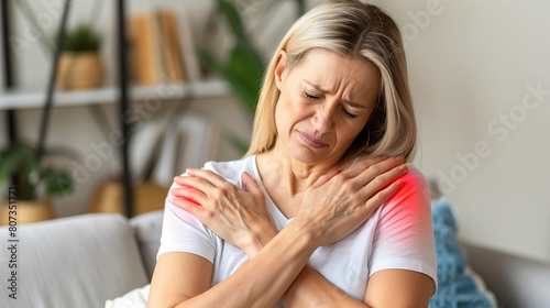 caucassian woman suffering from shoulder pain at home - muscle aches and joint pain concept