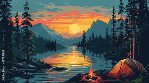 Nighttime camping by a serene lake with vibrant sunset and moonlit sky, Peaceful lakeside camping scene with tent and campfire under a starry night.