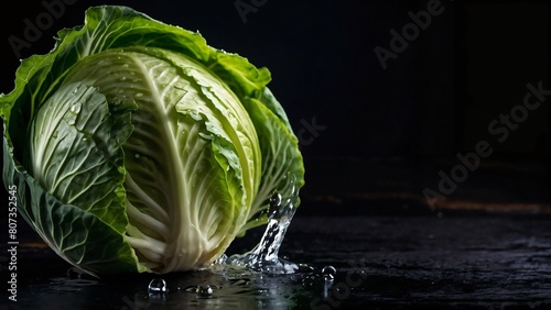 green cabbage with water drops on a dark background
