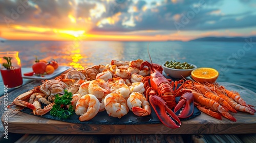 An 8K wallpaper of a seafood platter featuring lobster, shrimp, and scallops, artistically plated and served on a wooden table with a seaside view at sunset