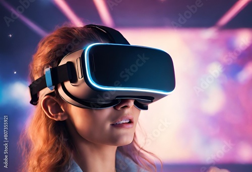 Mujer joven utilizando lentes de realidad virtual