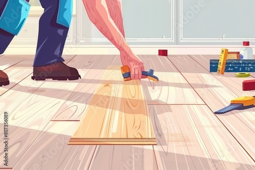 A man is seen working on a wooden floor. Suitable for construction or renovation concepts