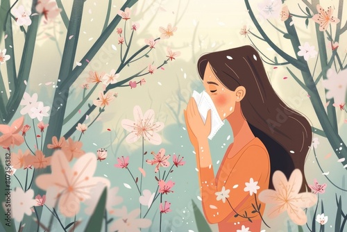 Woman blowing her nose in a field of colorful flowers, suitable for allergy or healthcare concepts