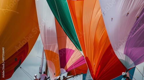 Regatta race start, close-up of colorful sails and bustling crew, competitive spirit