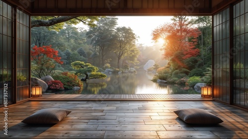 wooden room with big window that overlooking a formal japanese garden. Generative ai