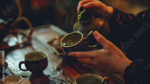 Backpacker in a traditional tea house, close-up on pouring green tea, serene and cultural atmosphere