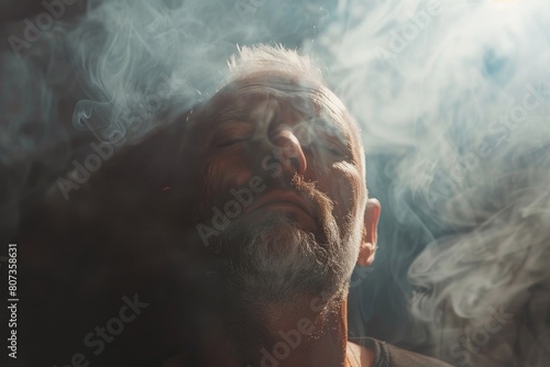 A man with a beard is smoking a cigarette. Suitable for lifestyle and addiction concepts