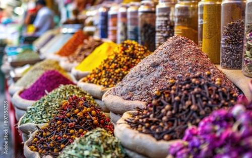 Vibrant mounds of spices and dried herbs displayed in a market.