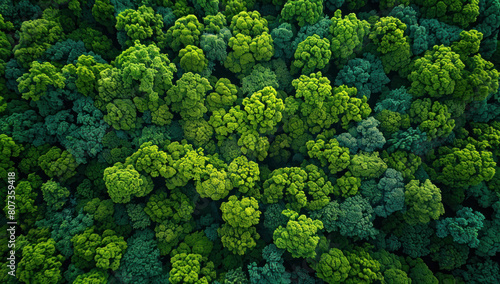 Aerial view green deciduous forest. Nature landscape background. lush, dense woodland scenery. trees. Abstract pattern, nature vitality. Wild atmosphere, color summer foliage, and ecosystem growth.