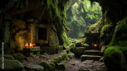 secluded cave shrine for Pan with moss-covered stones torches and music