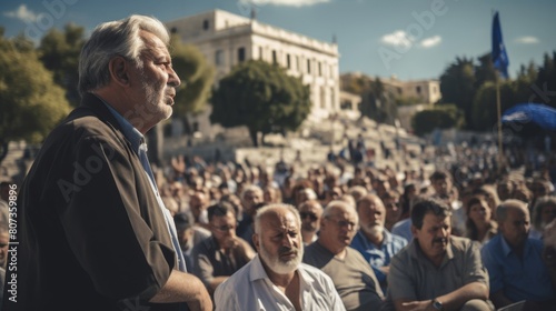bustling Greek agora during heated political debate citizens express views