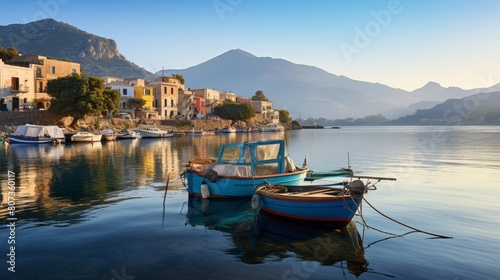 tranquil Greek island at sunrise with a picturesque harbor and fishing boats