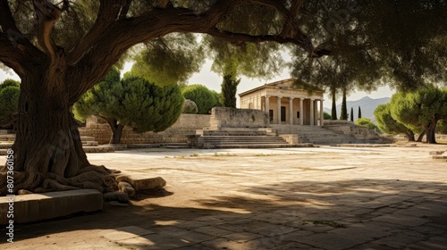 serene Greek agora where philosophers gather under ancient olive trees