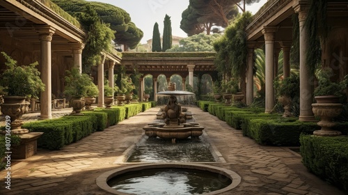 Peristyle garden in Roman villa with fountains