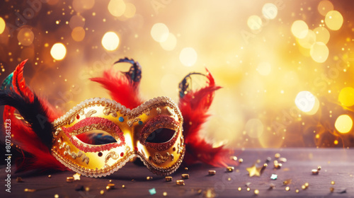 Gold Carnival Mask with Feathers Background