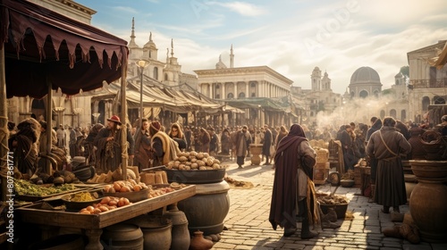 Roman market square bustling trade fair merchants offering exotic goods