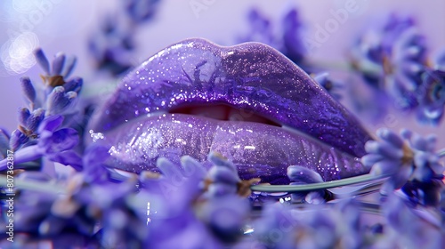 Glossy lavender lip gloss contrasting elegantly with a backdrop of lilac tones