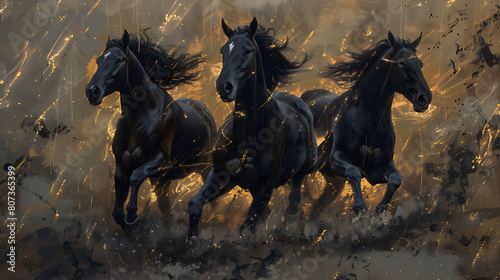 Oil painting of three black horses running, with a gold and beige color palette 