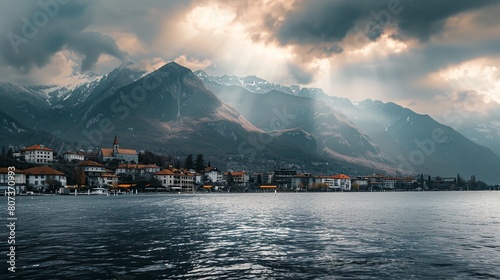 a lake with a town in the background under a cloudy sky with mountains in the background