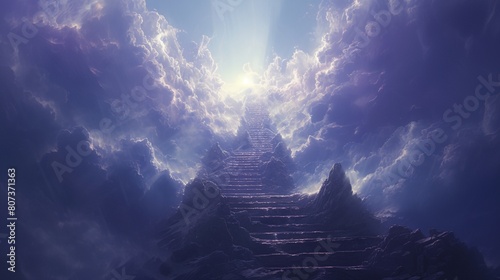 a stairway leading to the sky with clouds and sun shining through it