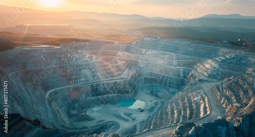 a large open pit with a mountain in the background