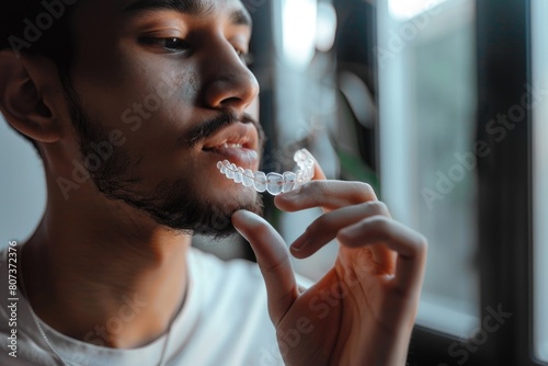 A man with braces on brushing his teeth. Perfect for dental care concepts