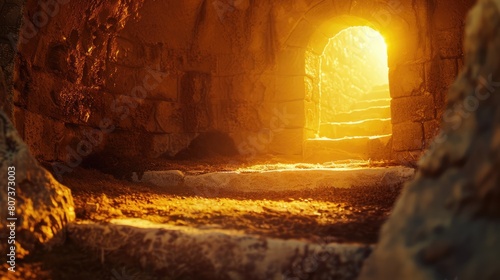 close-up of an empty tomb bathed in golden light, symbolizing Christ's resurrection