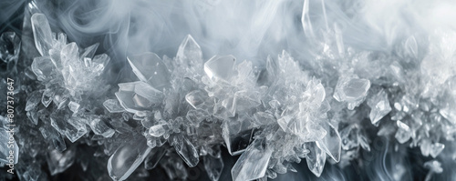 Transparent white crystals, some smoke near, closeup macro detail - abstract crystalline background. Generative AI 